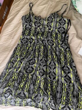Material Girl Black Dress with Neon Green & White Geometric Trim